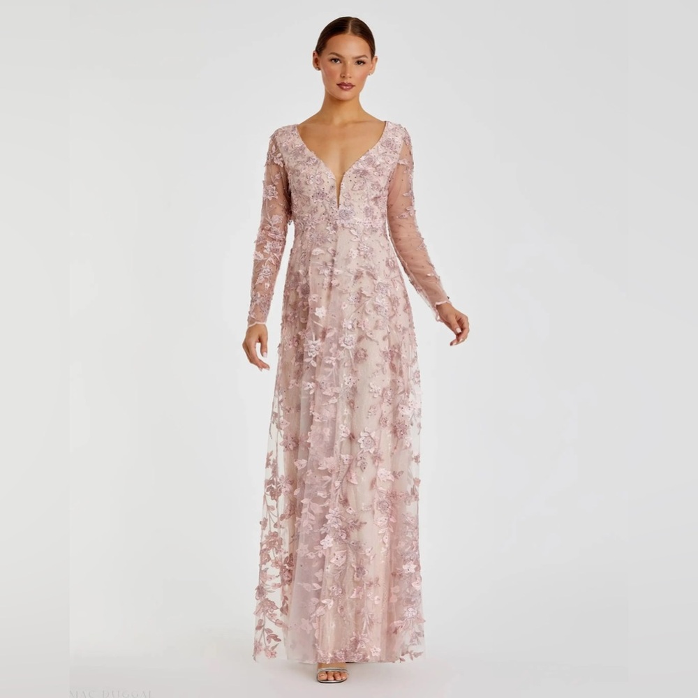Mac Duggal Pink Floral Applique Long Sleeve Illusion Gown Dress Size 8 NWT - Picture 4 of 15